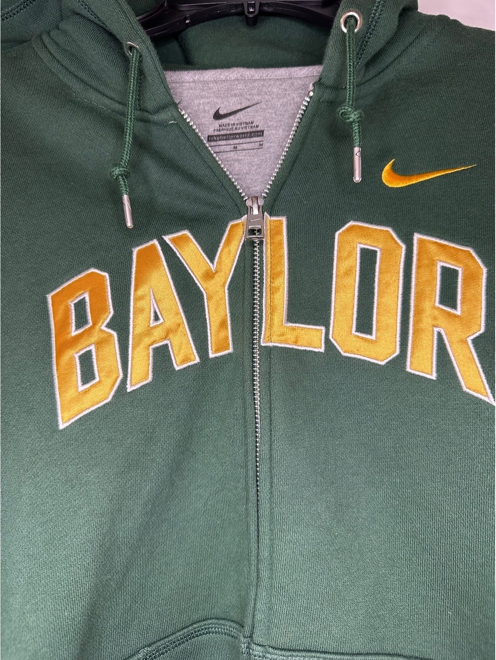 Nike Baylor University Green Full-Zip Hoodie with Yellow Embroidered Logo Medium